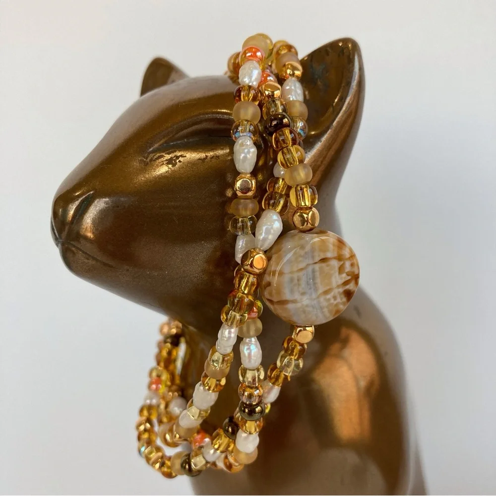 HAND CRAFTED Chocolate Crackle Agate Multi Strand Beaded Bracelet 7.5